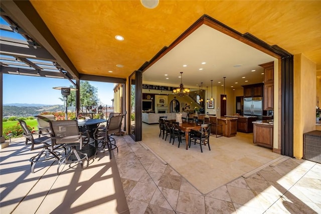 view of patio with a mountain view