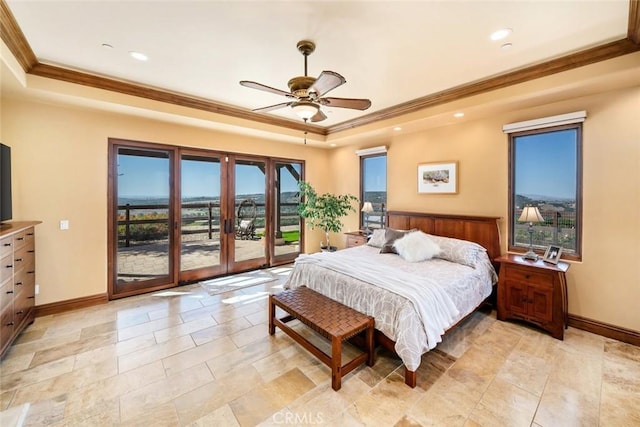 bedroom with ceiling fan, access to exterior, ornamental molding, and a raised ceiling