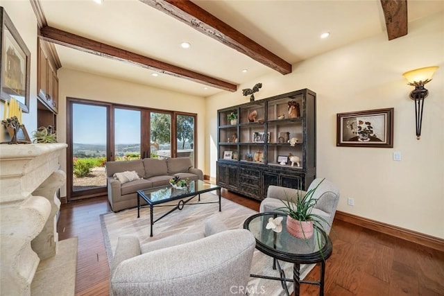 living room featuring beam ceiling and wood-type flooring