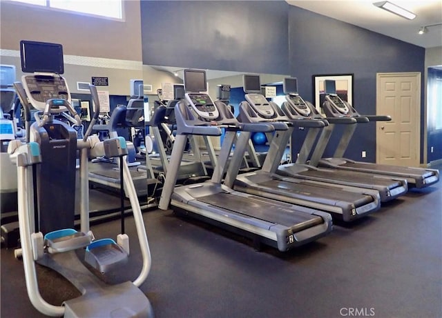 exercise room featuring a towering ceiling