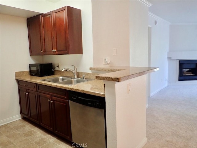 kitchen featuring kitchen peninsula, stainless steel dishwasher, ornamental molding, light colored carpet, and sink