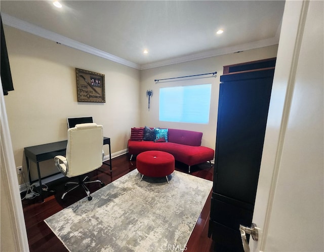 office featuring crown molding and dark hardwood / wood-style floors