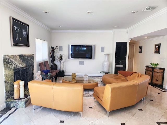 tiled living room with ornamental molding