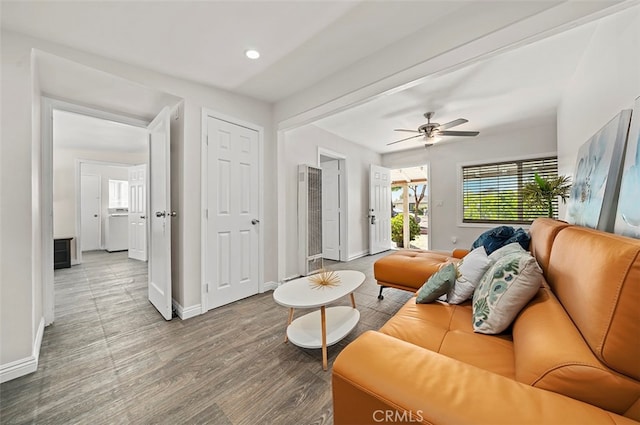 living room with wood-type flooring and ceiling fan