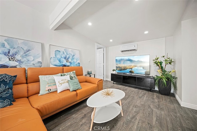 living room featuring dark wood-type flooring, a wall unit AC, and lofted ceiling