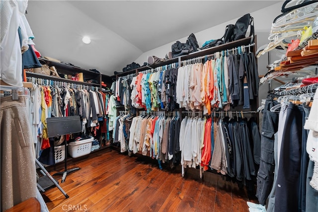 spacious closet with lofted ceiling and dark hardwood / wood-style floors