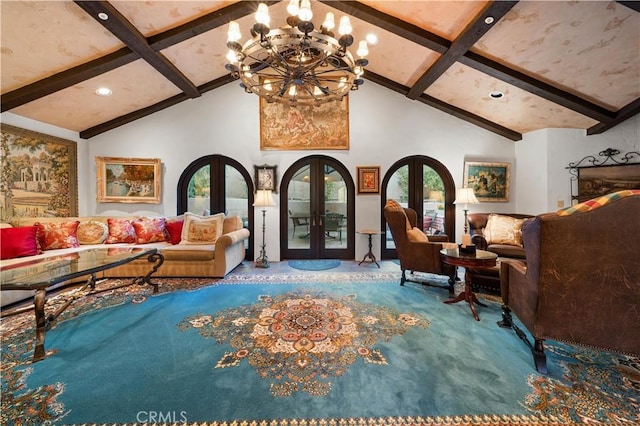 carpeted living room featuring high vaulted ceiling, a chandelier, beam ceiling, and french doors