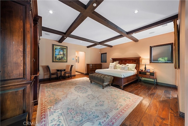 bedroom featuring dark hardwood / wood-style floors, coffered ceiling, and beamed ceiling