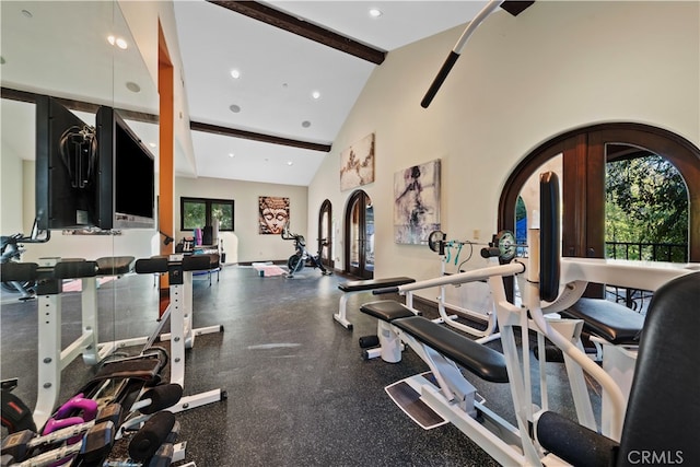 exercise room featuring high vaulted ceiling