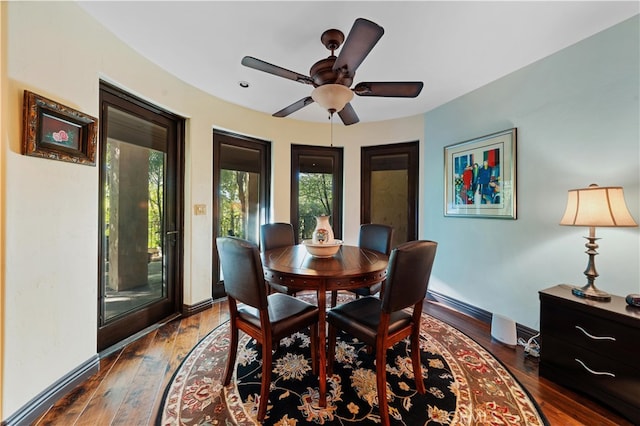 dining room featuring ceiling fan and dark wood-type flooring