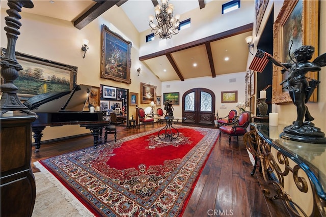 interior space featuring a notable chandelier, hardwood / wood-style floors, beam ceiling, high vaulted ceiling, and french doors