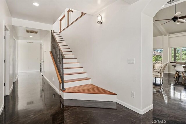 8865 San Gabriel Rd, Atascadero, CA 93422 - stairs with baseboards, ceiling fan, and recessed lighting