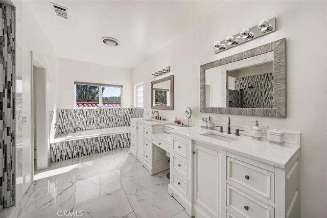 8865 San Gabriel Rd, Atascadero, CA 93422 - full bath with a garden tub, double vanity, and marble tiled floors