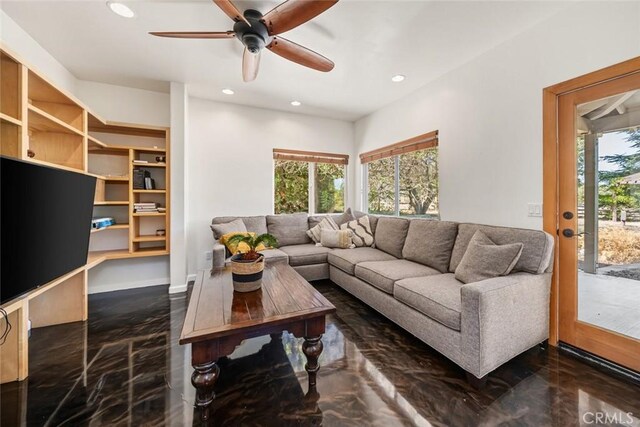8865 San Gabriel Rd, Atascadero, CA 93422 - living room featuring healthy amount of natural light, ceiling fan, recessed lighting, and marble tiled floors
