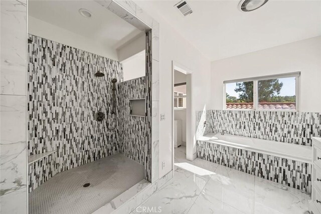8865 San Gabriel Rd, Atascadero, CA 93422 - full bathroom with a garden tub, a tile shower, and marble finish flooring