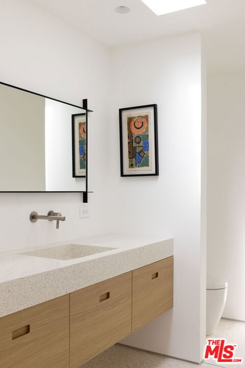 bathroom with toilet, vanity, and a skylight