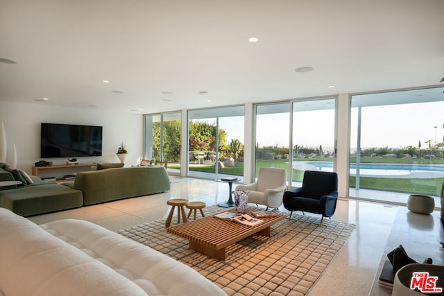 living room featuring a wall of windows