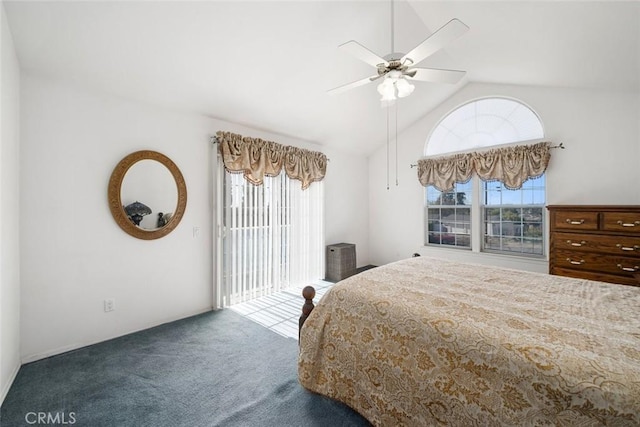 bedroom featuring carpet, ceiling fan, and vaulted ceiling