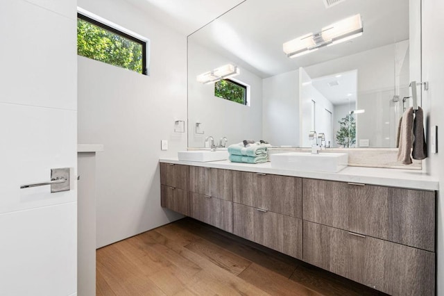 bathroom with vanity and hardwood / wood-style flooring