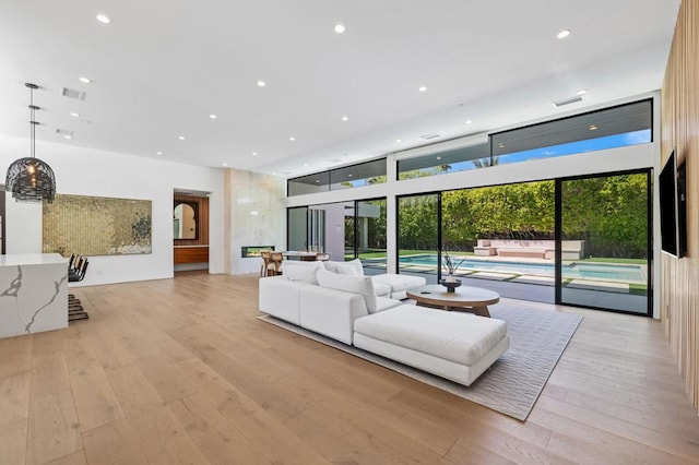 living room with light hardwood / wood-style flooring