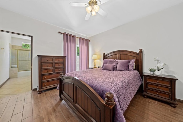 bedroom featuring light hardwood / wood-style flooring and ceiling fan