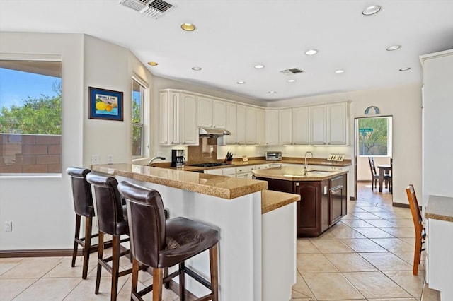 kitchen with a breakfast bar area, kitchen peninsula, a wealth of natural light, and sink