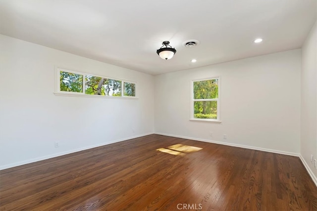 spare room featuring dark hardwood / wood-style floors and a healthy amount of sunlight