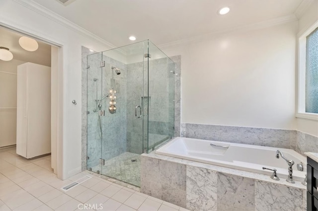 bathroom with vanity, crown molding, shower with separate bathtub, and tile patterned flooring