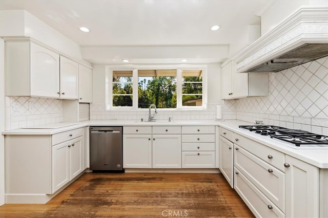 kitchen featuring appliances with stainless steel finishes, custom exhaust hood, dark hardwood / wood-style floors, and white cabinets