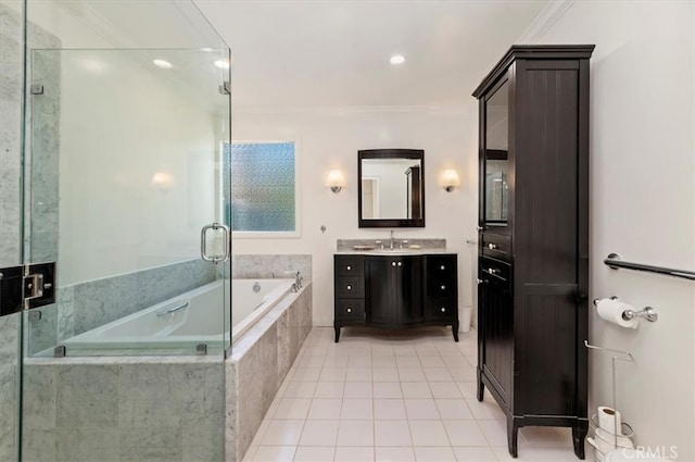 bathroom featuring vanity, ornamental molding, plus walk in shower, and tile patterned floors