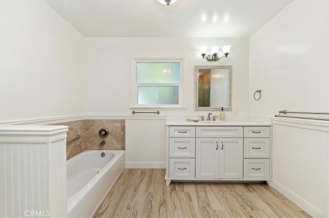 bathroom featuring a bathing tub, vanity, and wood-type flooring