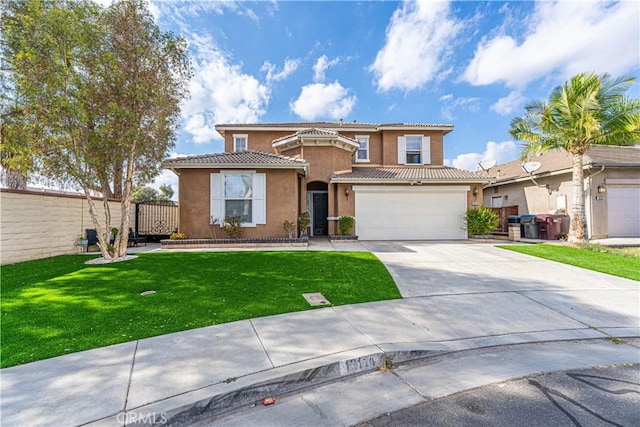 view of front property featuring a front lawn and a garage