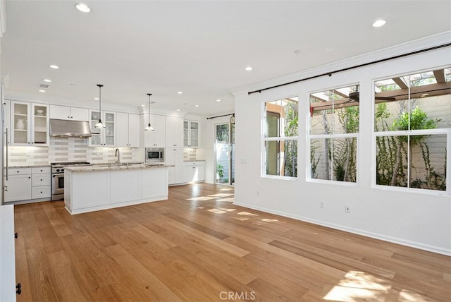 kitchen featuring hanging light fixtures, an island with sink, appliances with stainless steel finishes, light hardwood / wood-style floors, and white cabinetry