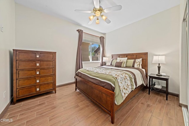 bedroom featuring ceiling fan and light hardwood / wood-style floors