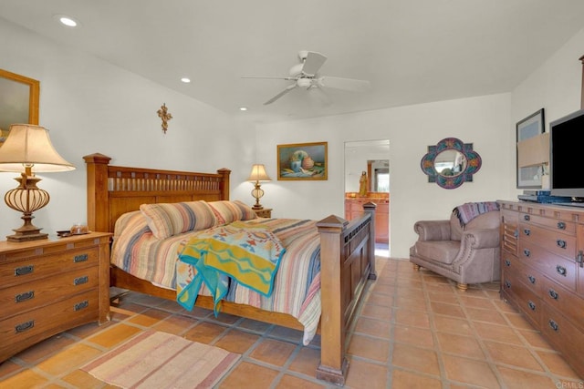 bedroom with light tile patterned floors and ceiling fan