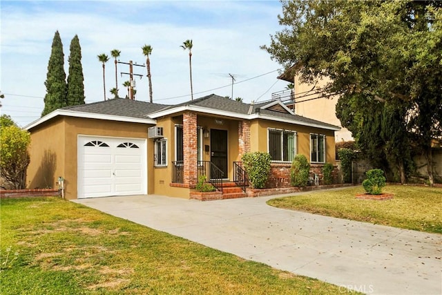 ranch-style house featuring a garage and a front yard