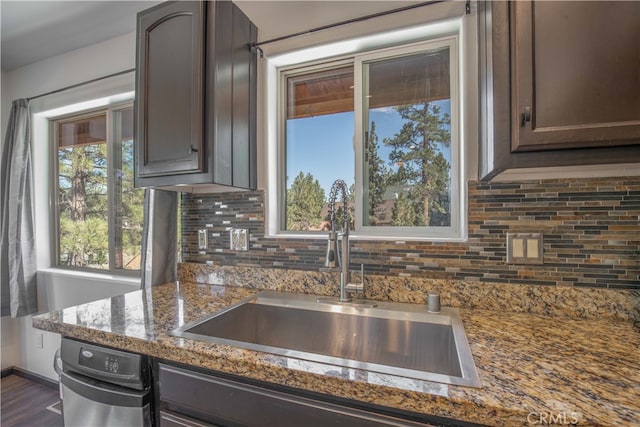 kitchen with stone counters, backsplash, dark brown cabinetry, and sink