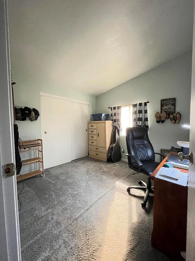 office space with dark carpet and lofted ceiling