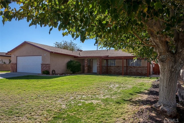 ranch-style house with a front yard and a garage