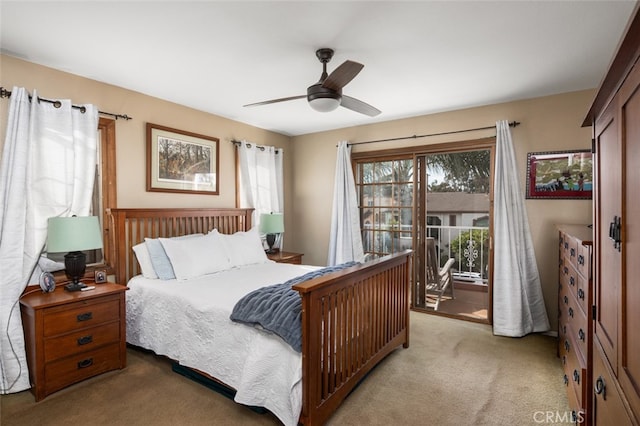 carpeted bedroom featuring ceiling fan and access to exterior