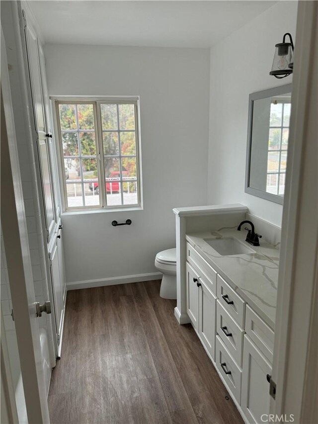 bathroom with vanity, hardwood / wood-style flooring, and toilet