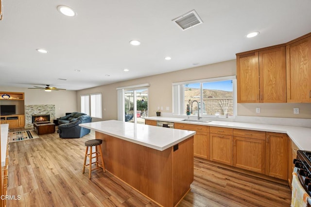 kitchen featuring light hardwood / wood-style floors, a stone fireplace, a kitchen bar, and stainless steel appliances