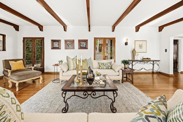 living room featuring beam ceiling, french doors, and wood-type flooring