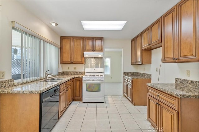 kitchen with light stone countertops, black dishwasher, plenty of natural light, sink, and white range with gas stovetop