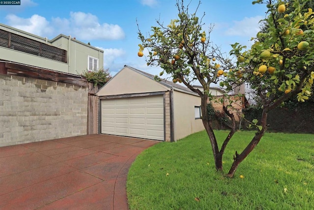 garage with a lawn