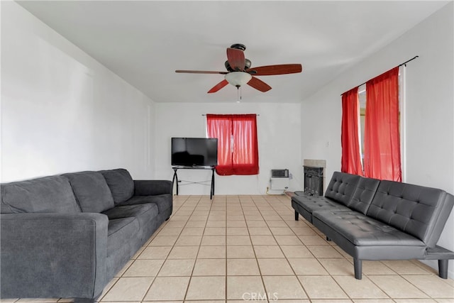 10394 Baker Rd, Lucerne Valley, CA 92356 - tiled living room featuring heating unit and ceiling fan