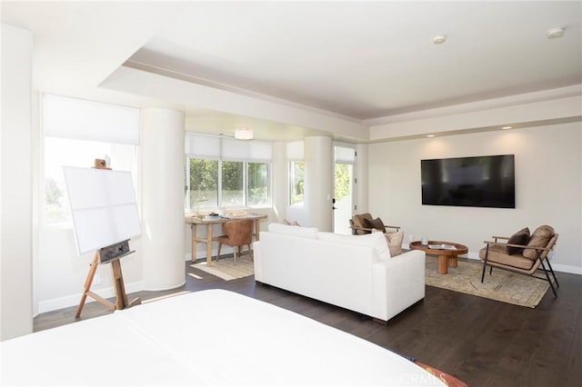 living area featuring dark wood finished floors and baseboards