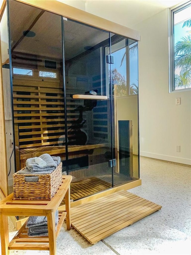 view of sauna / steam room with baseboards and speckled floor