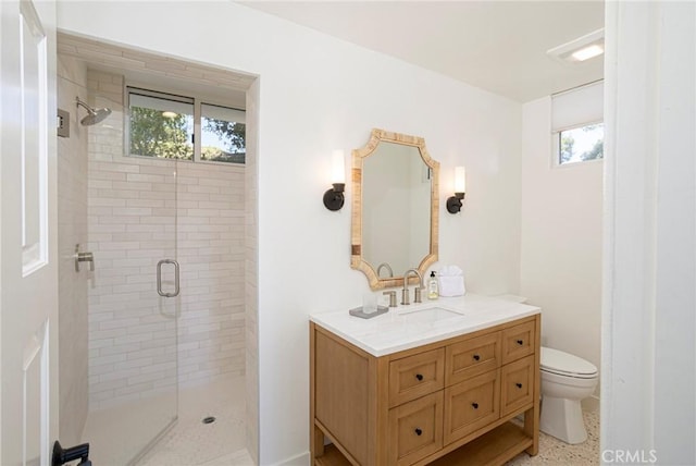 full bathroom featuring a stall shower, vanity, and toilet