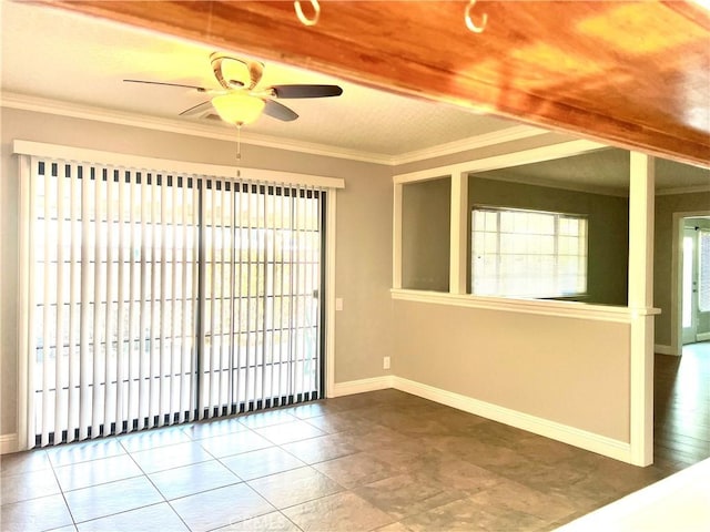 tiled empty room featuring beamed ceiling, ceiling fan, and crown molding